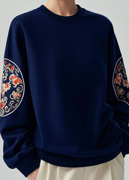 Navy O Neck Print Cotton Pullover Sweatshirts Fall