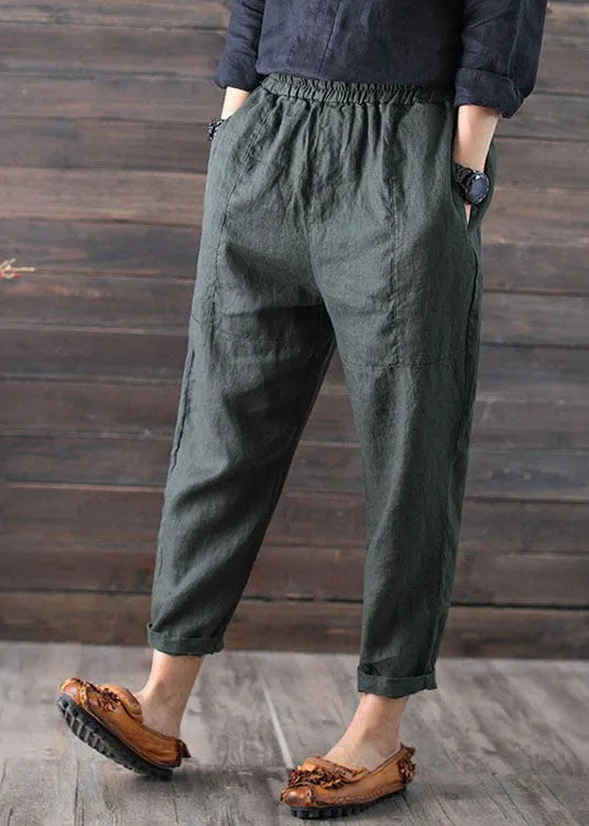 Army Green High Waist Patchwork Linen Crop Pants Summer