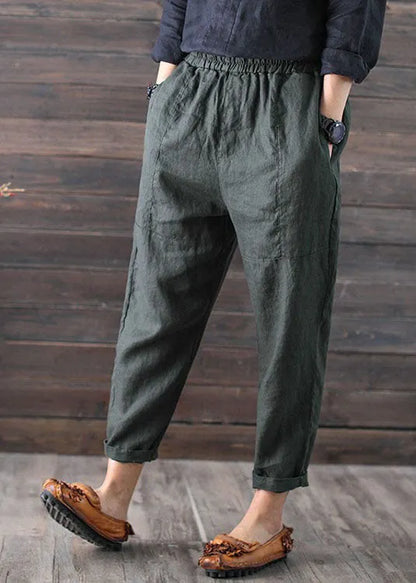 Army Green High Waist Patchwork Linen Crop Pants Summer
