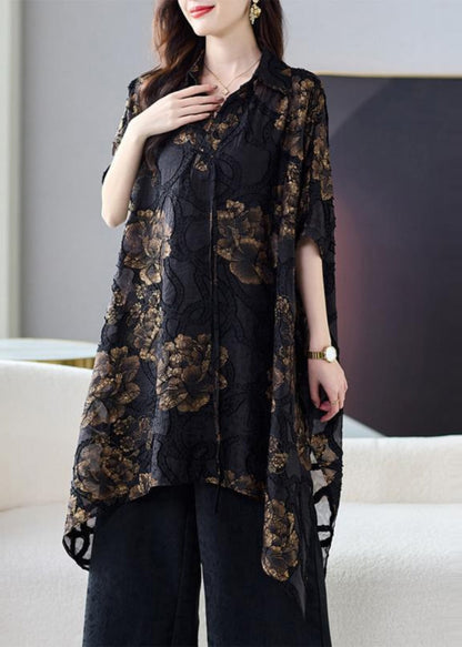 Black Asymmetrical Silk Blouse Tops Summer