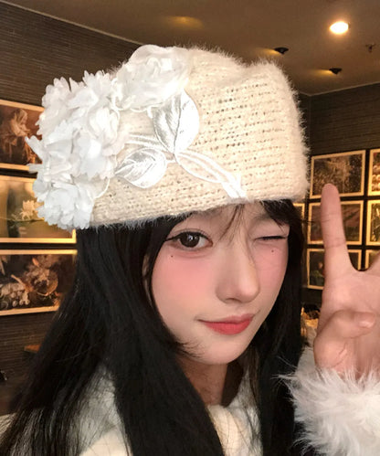 Beige Embroideried Knit Beret Hat