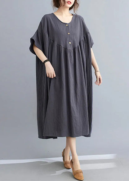 Dark Grey Patchwork Button Long Dresses Short Sleeve