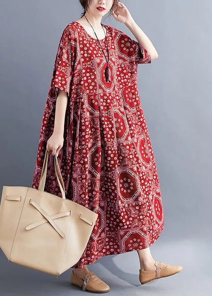 Red O Neck Print Pockets Cotton Long Dress Summer