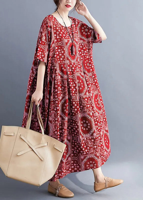 Red O Neck Print Pockets Cotton Long Dress Summer