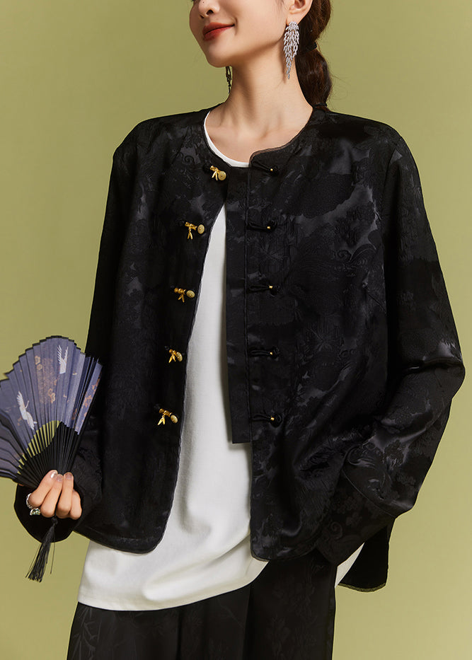 New Black O-neck Button Side Open Silk Coat Fall