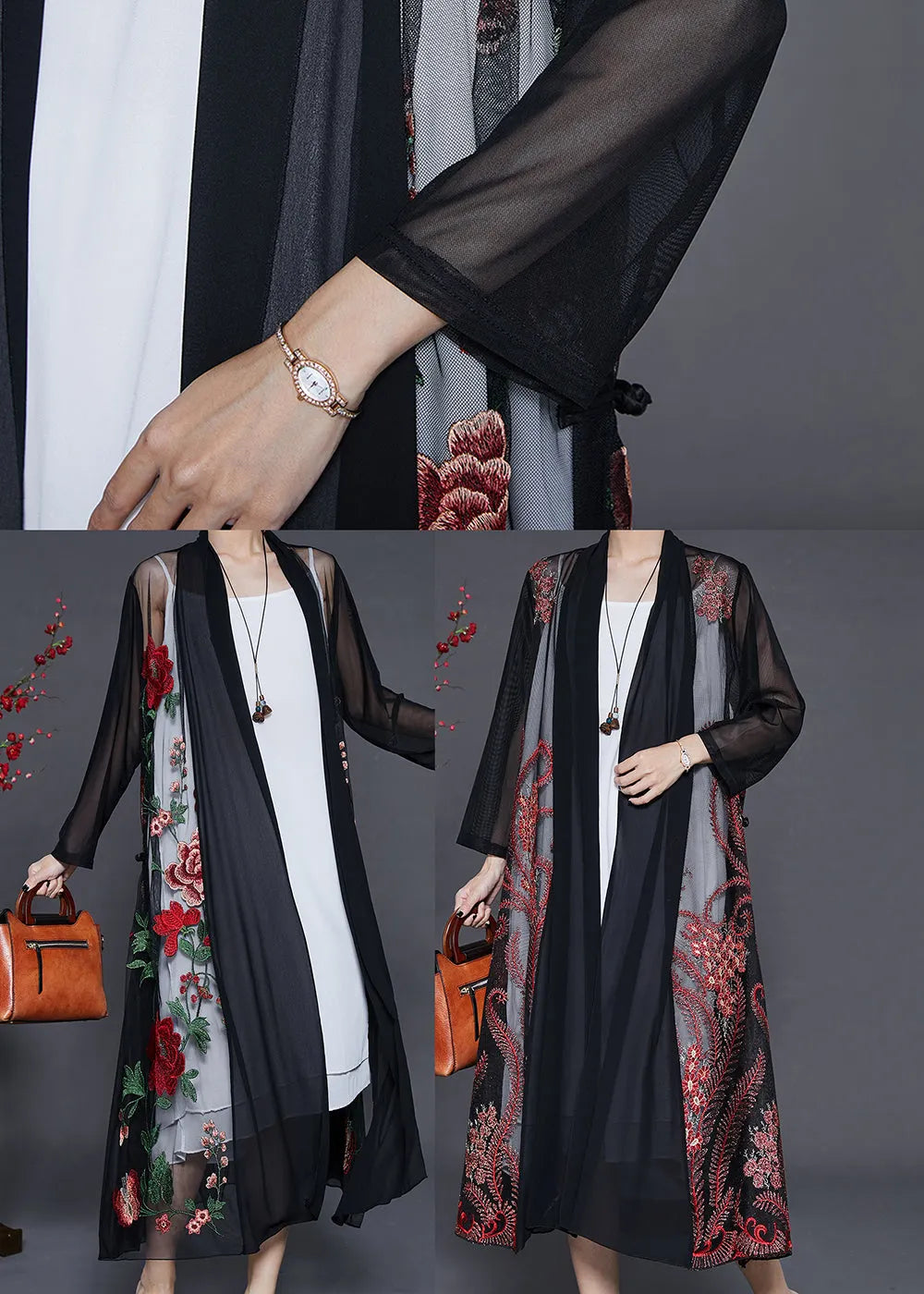 Classy Black Embroidered Tulle Loose Cardigan Summer