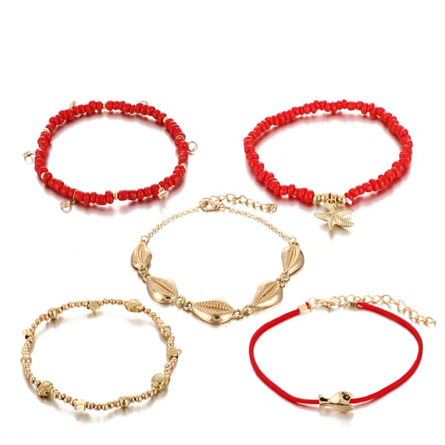 Shell Red Beaded Anklet Set