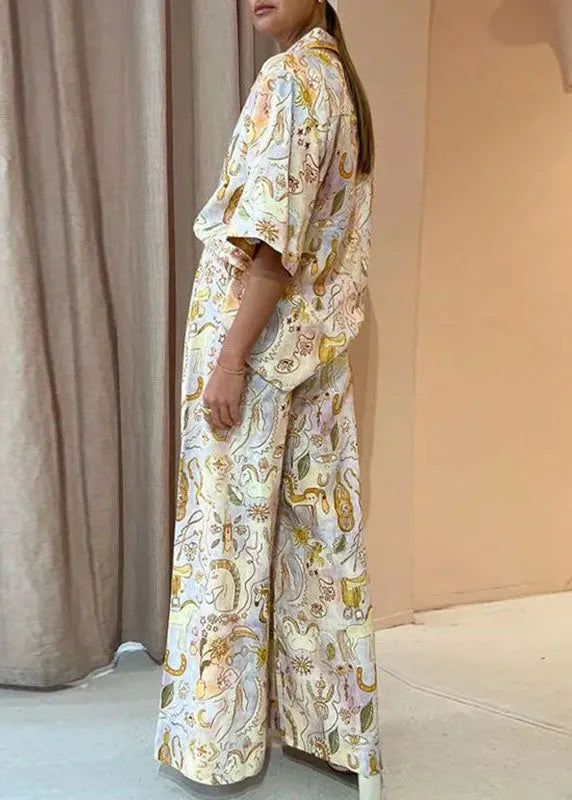 Print Shirts and Wide Leg Pants Two Pieces Set Summer