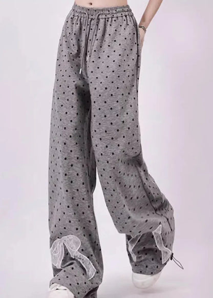 Grey Dot Bow Lace Patchwork Cotton Wide Leg Pants Spring