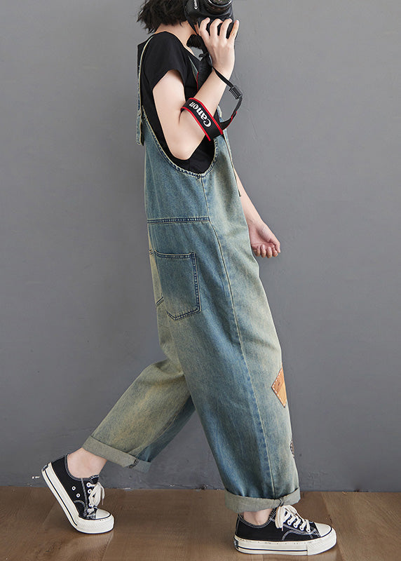 Washing Blue Patchwork Cozy Denim Long Jumpsuit