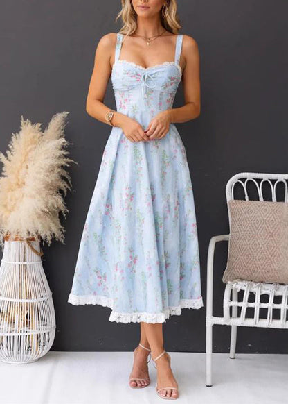 Slim Fit Light Blue Print Cotton Spaghetti Strap Dresses Summer