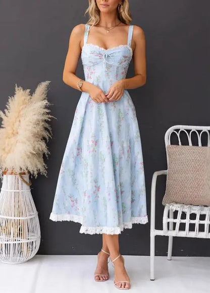 Slim Fit Light Blue Print Cotton Spaghetti Strap Dresses Summer