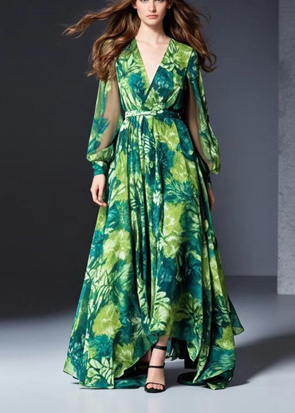 Green V Neck Print Chiffon Dresses Fall
