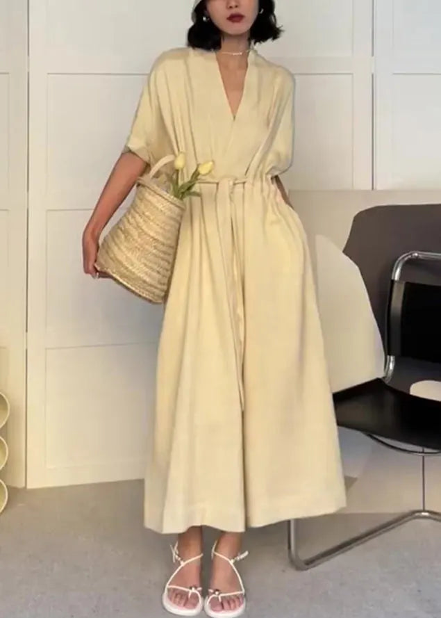 White V Neck Drawstring Pockets Cotton Dress Summer