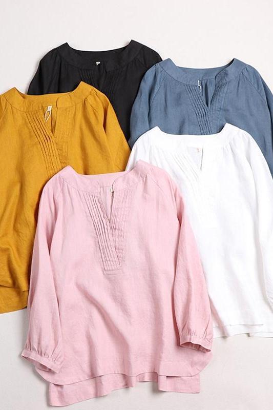 Cotton Linen V Neck Shirt Tops