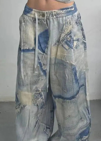 French Blue Print Pockets Elastic Waist Denim Pants Fall