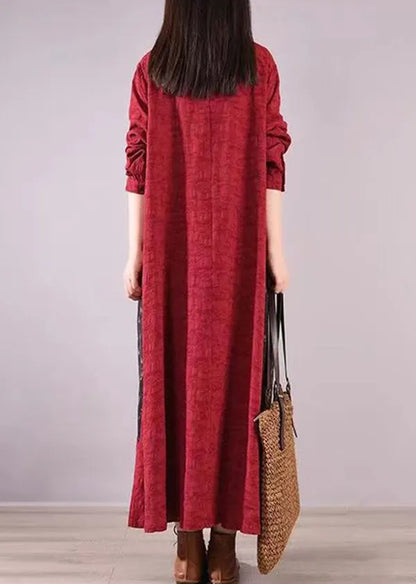Red Print Pockets Patchwork Cotton Shirts Dresses Stand Collar Fall