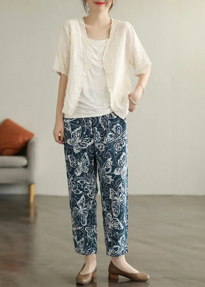 Navy Elastic Waist Print Cotton Crop Pants Fall