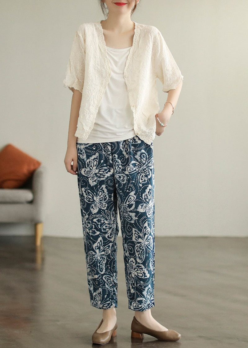Navy Elastic Waist Print Cotton Crop Pants Fall