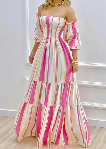 European and American Striped Cold Shoulder Lantern Sleeve Dress