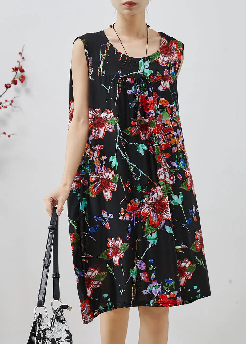 Black Oversized Print Cotton Mid Dress Summer