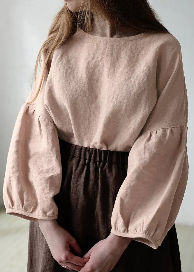 White O Neck Linen Shirt Tops Lantern Sleeve