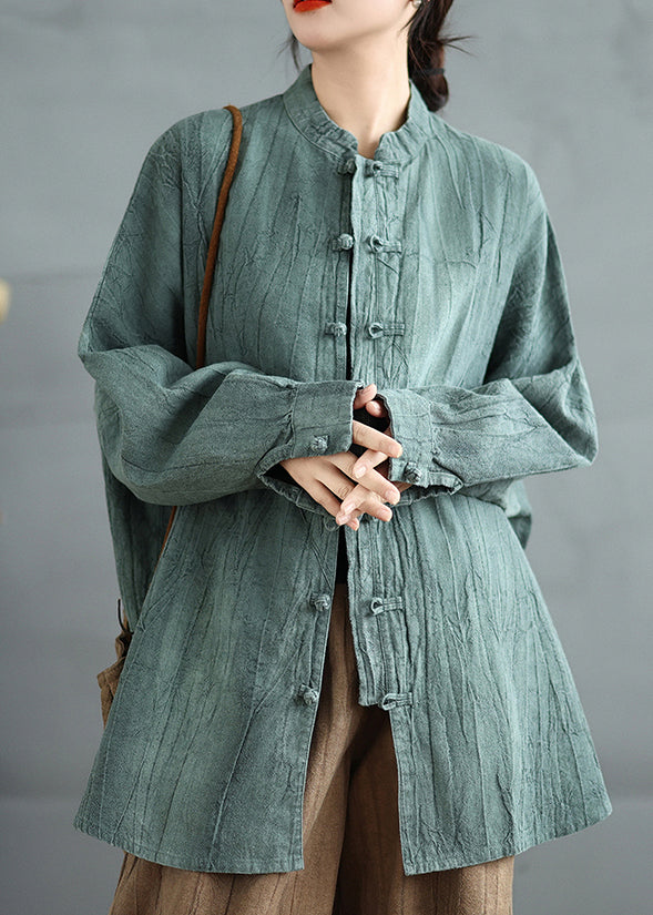Green Stand Collar Chinese Button Cotton Shirt Top Spring