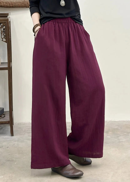 Purple Elastic Waist Pockets Linen Pants Summer