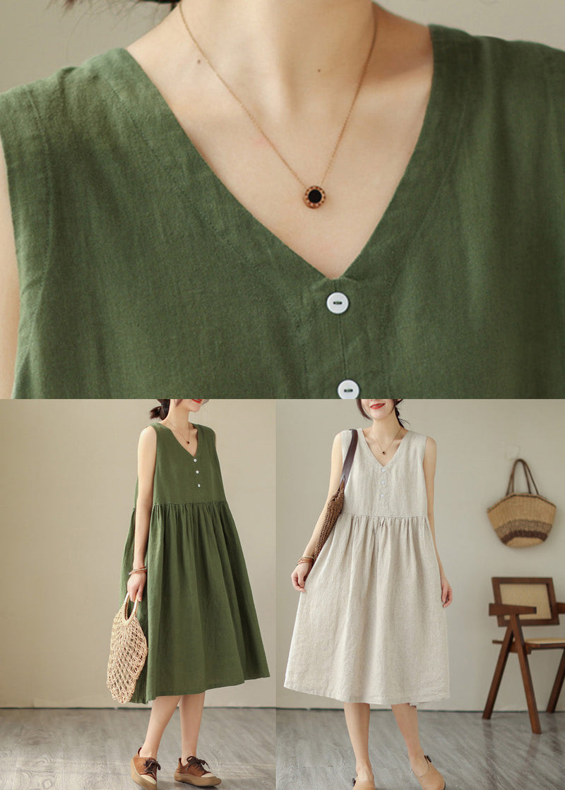 Beige O-neck Cotton Long Dress Sleeveless
