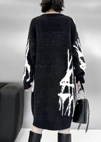 Loose Black V Neck Striped Cotton Knit Sweater Dress Fall