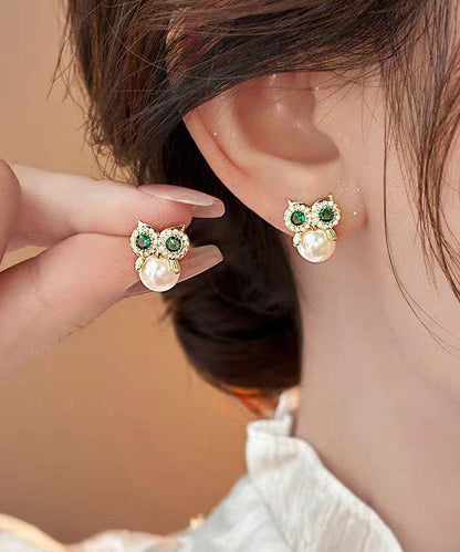 Gold Copper Alloy Zircon Owl Pearl Stud Earrings