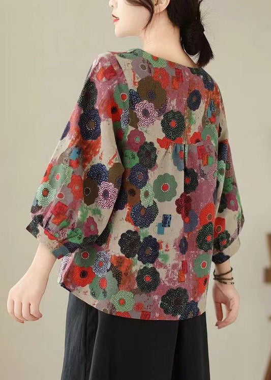 Red O Neck Print Cotton T Shirts Top Long Sleeve