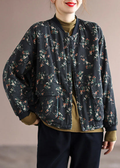 Black Stand Collar Pockets Fine Cotton Filled Jacket Spring