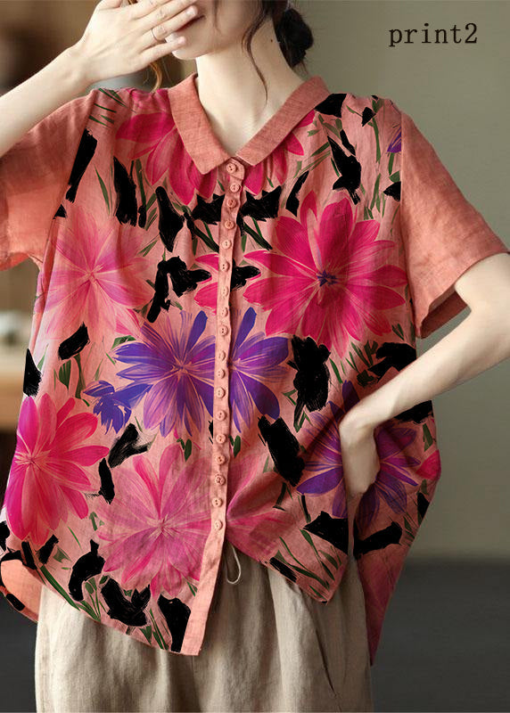 Print1 Peter Pan Collar Pockets Patchwork Ramie Cardigan