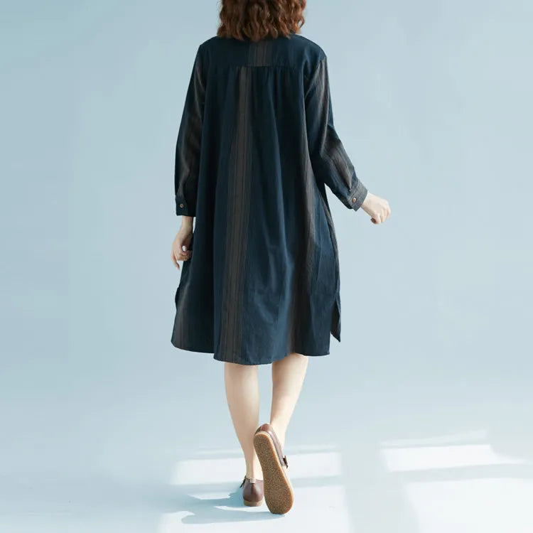 New Blue Striped Cotton Linen Dress Long Sleeve Baggy Dresses Stand Side Open Linen Cotton Dress