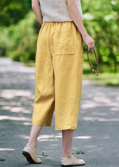 Linen Pockets Elastic Waist Linen Crop Pants Summer