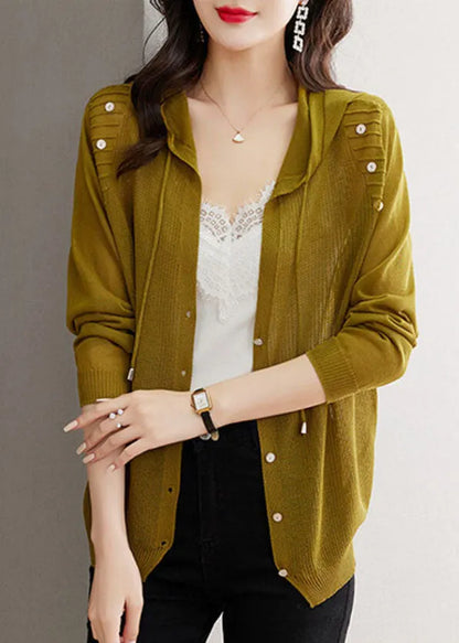 Matcha Colour Drawstring Hooded Ice Size Knit Cardigans Long Sleeve