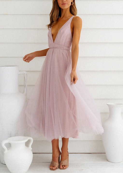 Pink V Neck Wrinkled Patchwork Tulle Dresses Sleeveless