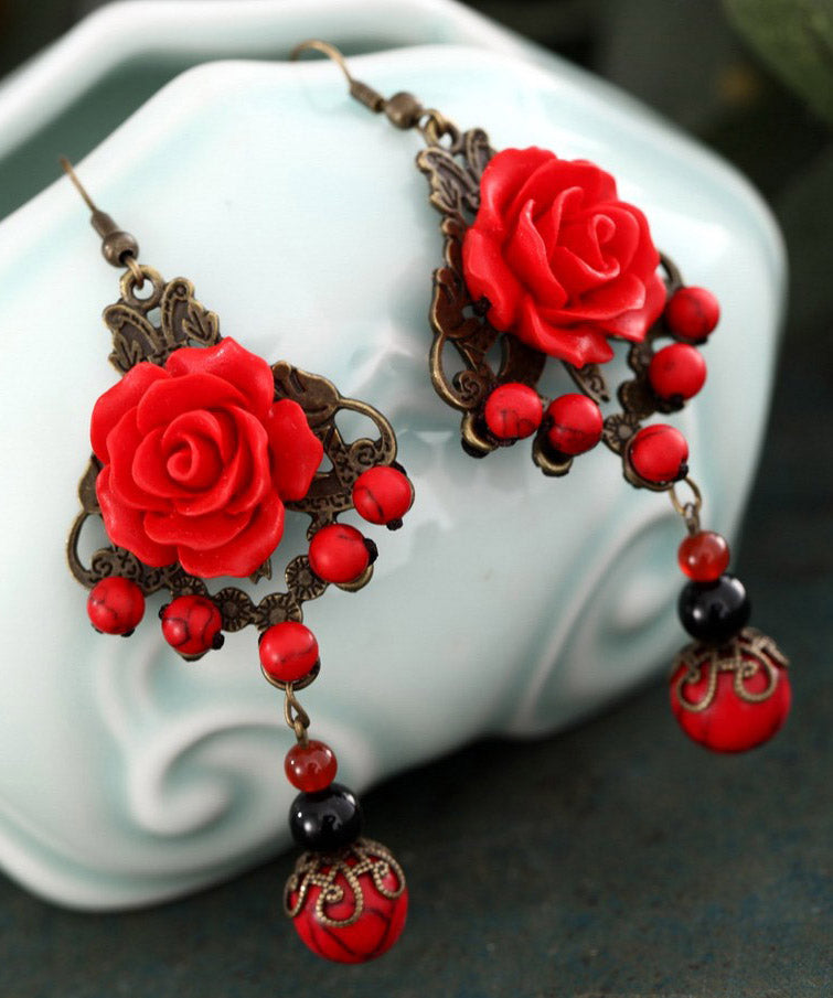 Red Sterling Silver Alloy Agate Turquoise Tassel Drop Earrings