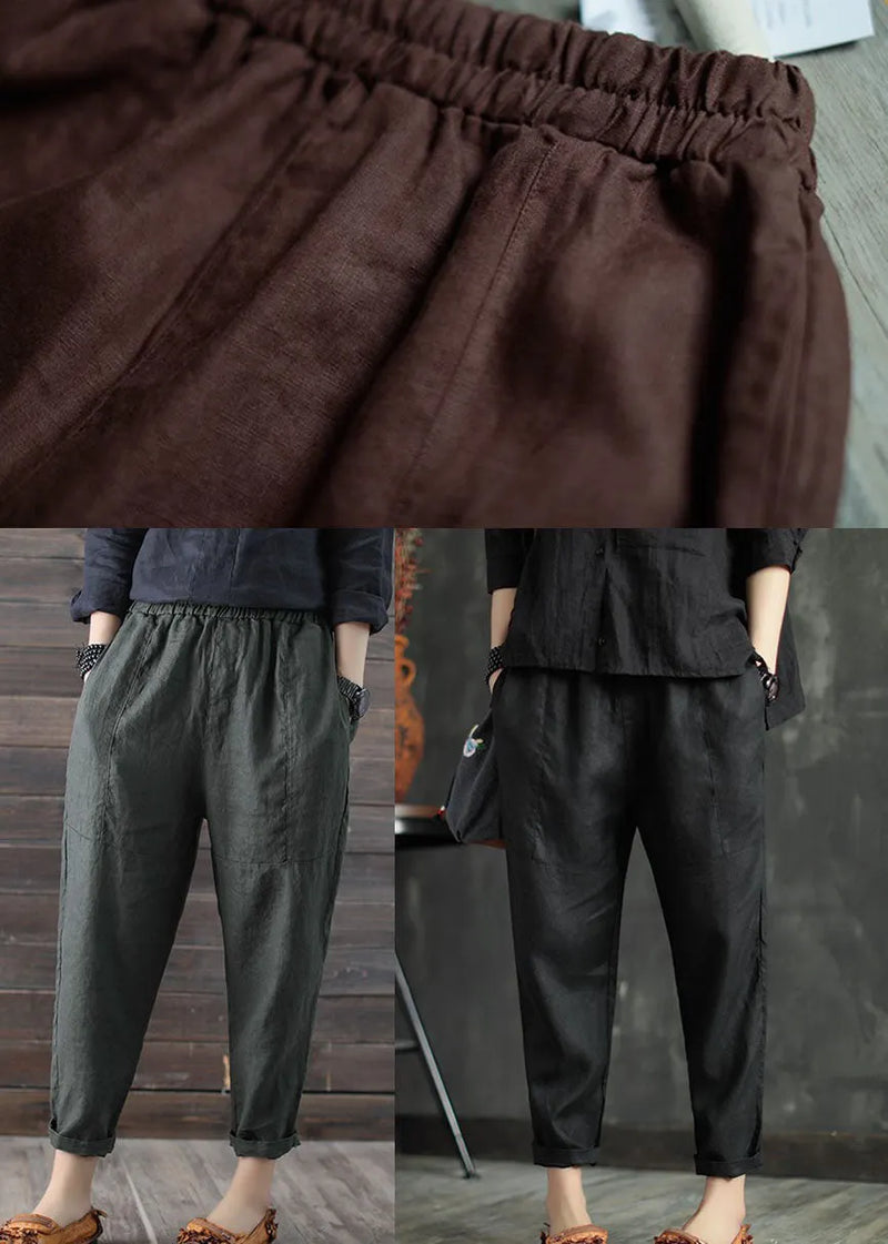 Army Green High Waist Patchwork Linen Crop Pants Summer