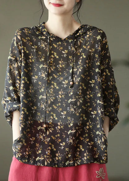 Black Peter Pan Collar Print Linen Hooded Shirt Long Sleeve