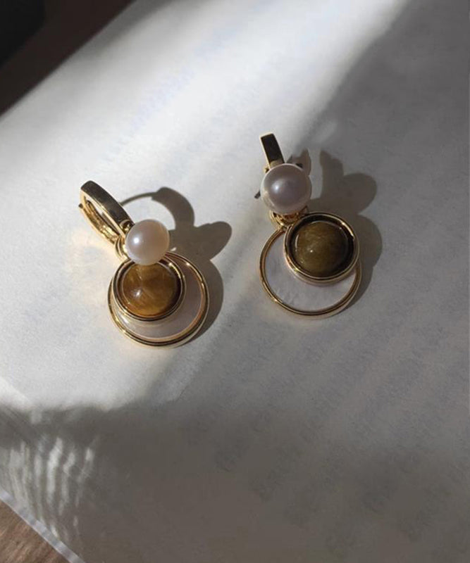 New Brown Copper Overgild Tiger Eye Stone Shell Glass Hoop Earrings