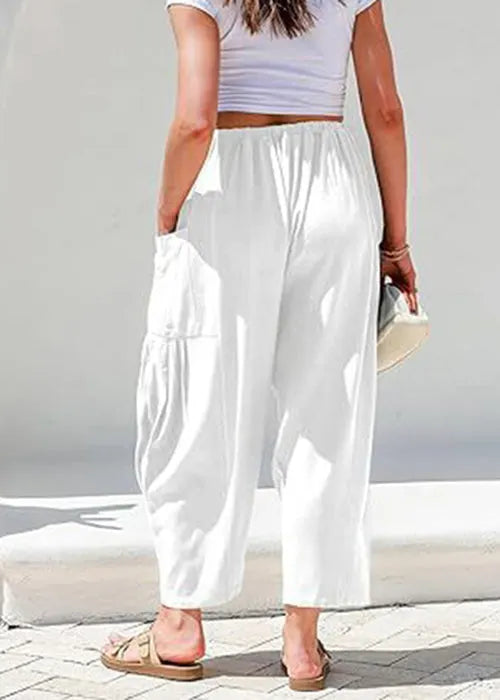 White Pockets Elastic Waist Cotton Pants Summer