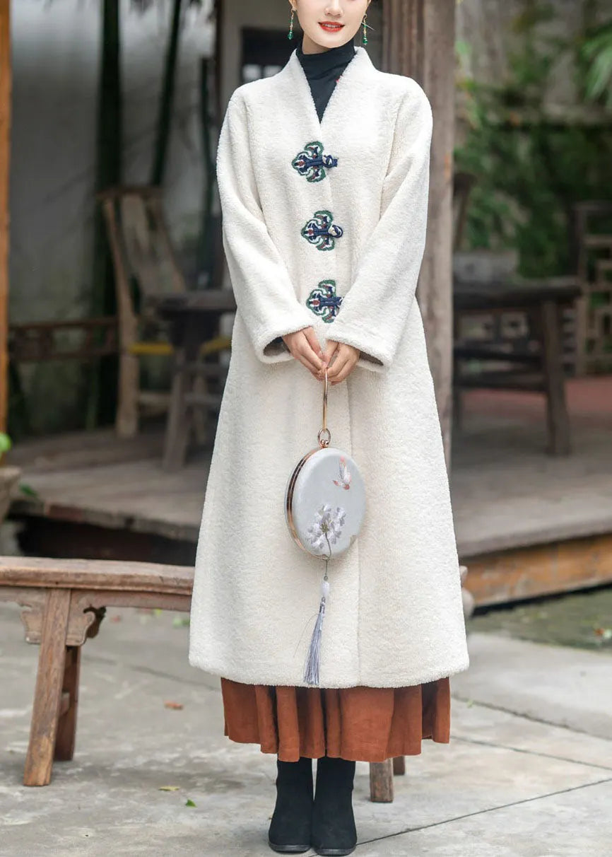 Modern Beige V Neck Embroidered Thick Teddy Faux Fur Lengthen Coats Winter