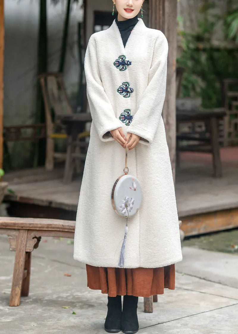 Modern Beige V Neck Embroidered Thick Teddy Faux Fur Lengthen Coats Winter