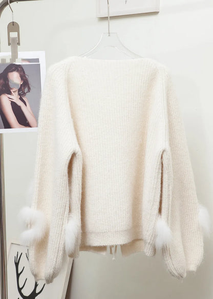 Lantern Red V Neck Tie Waist Mink Hair Knitted Cardigan Long Sleeve