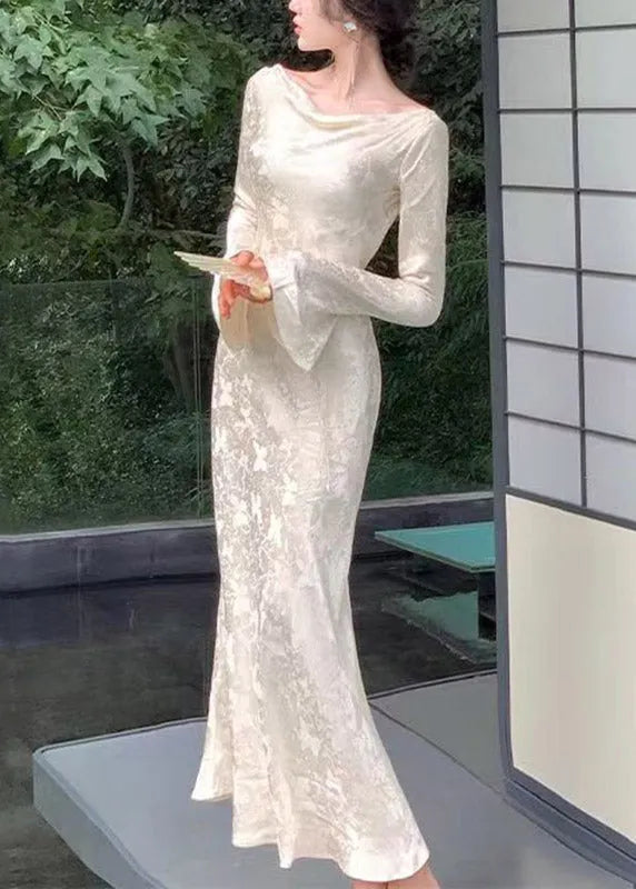 Dinner Champagne Slash Neck Draping Tunic Party Long Dress Flare Sleeve
