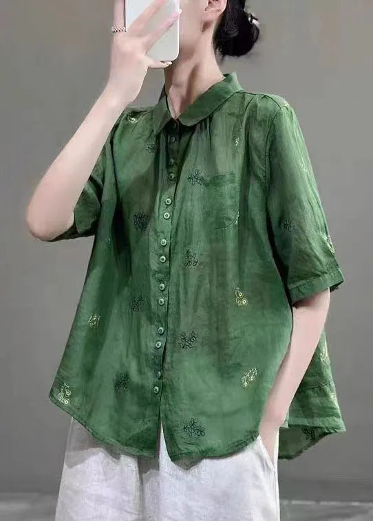 Green Peter Pan Collar Embroidered Patchwork Cotton Shirts Top Summer