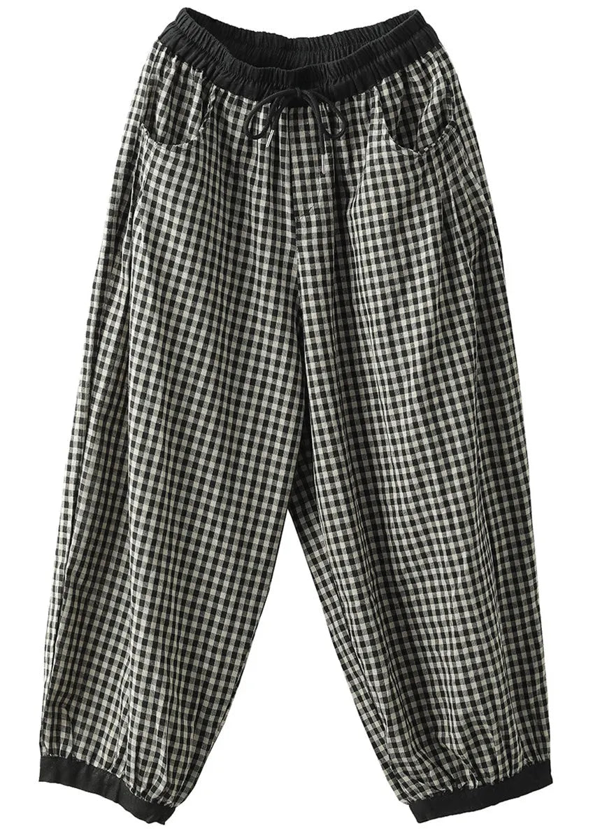 Black Plaid Elastic Waist Harem Pants Summer
