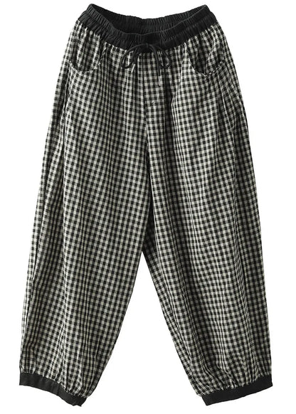 Black Plaid Elastic Waist Harem Pants Summer